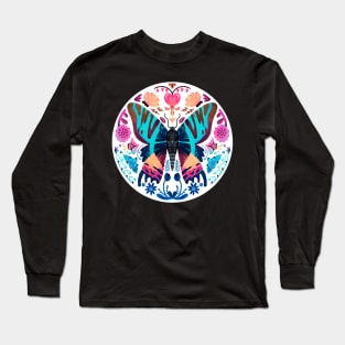 Madagascan Sunset Moth and Vibrant Flowers Long Sleeve T-Shirt